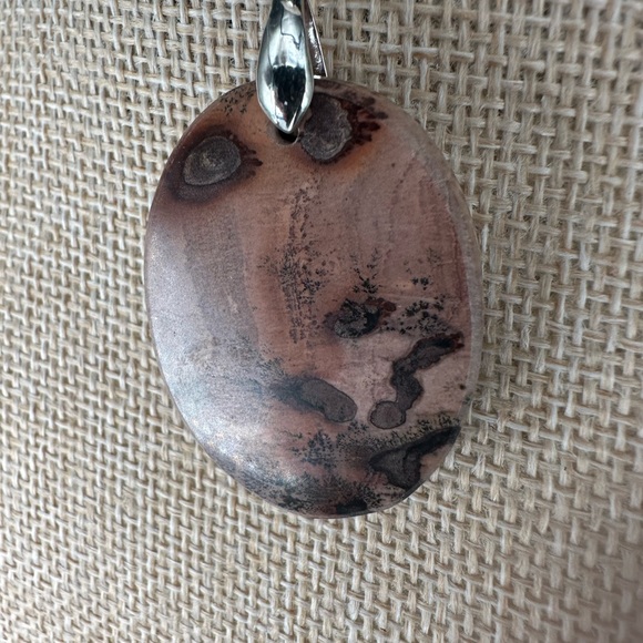 Oval Red Flower Picture Jasper Pendant on Black Satin Rope - Picture 8 of 13